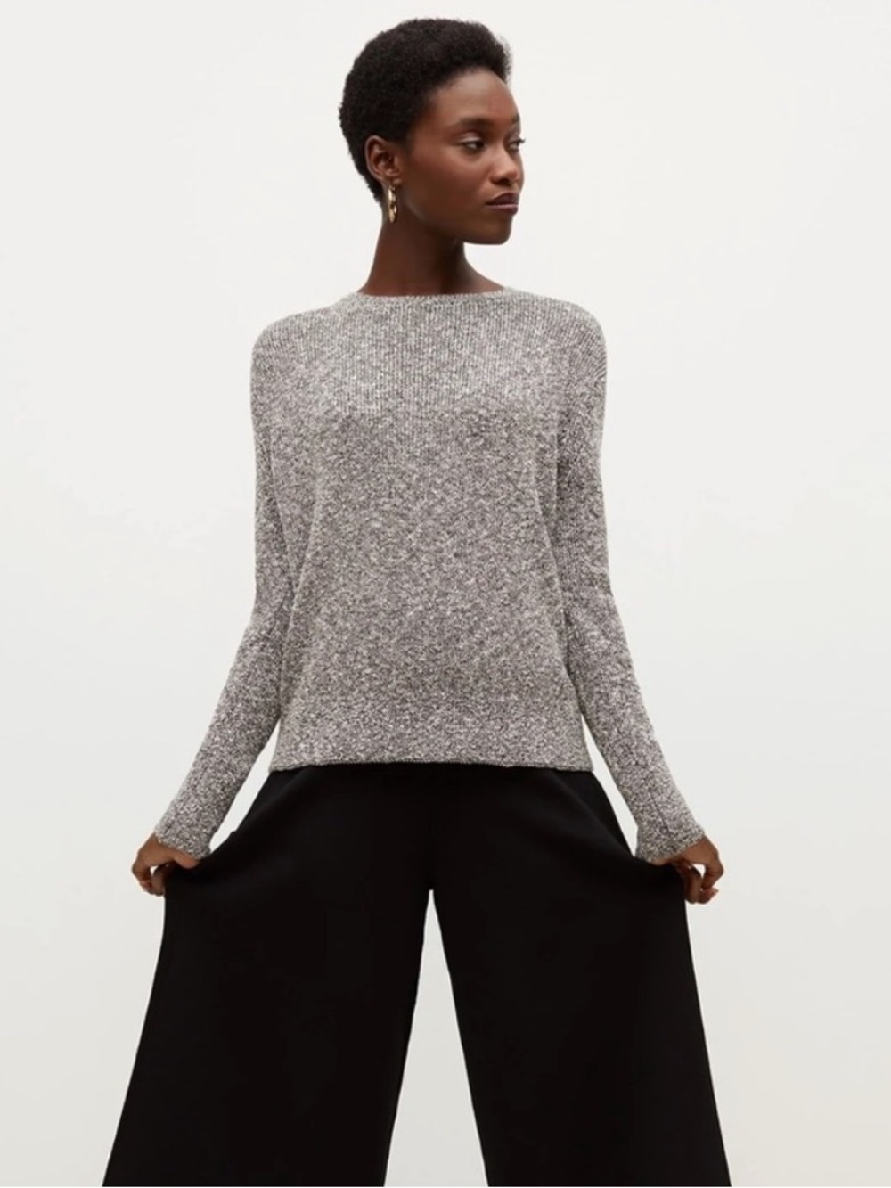 M.M. LAFLEUR The Butler Crewneck Sweater Knit Boucle Black White Medium